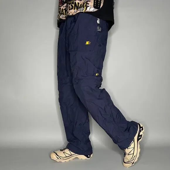 Vintage Starter Track Pants Navy Blue Nylon Sweatpants Yellow Baggy Wide Leg Y2K - Picture 1 of 4